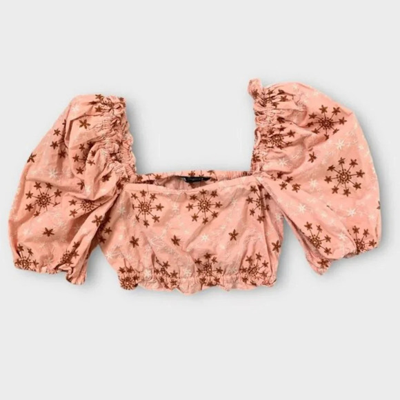 Zara Embroidered Voluminous Puff Sleeve Cropped Top - Picture 3 of 12